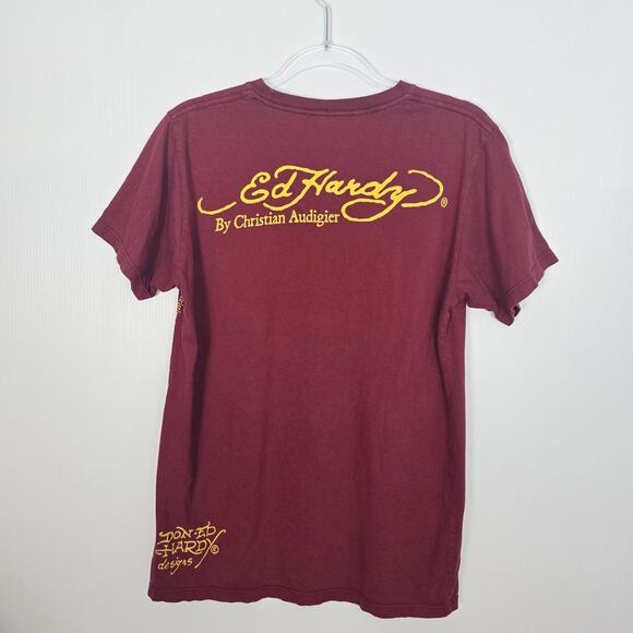 Ed Hardy Crowned Skull & Rose Graphic Tee Maroon Christian Audigier Y2K M - Picture 2 of 7